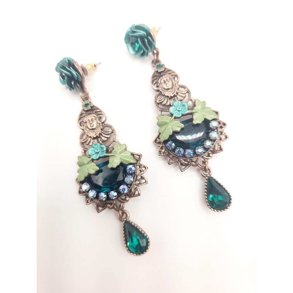 Vintage Art Nouveau Revival Cherub Earrings Emerald Green Rhinestone Bronze Dang